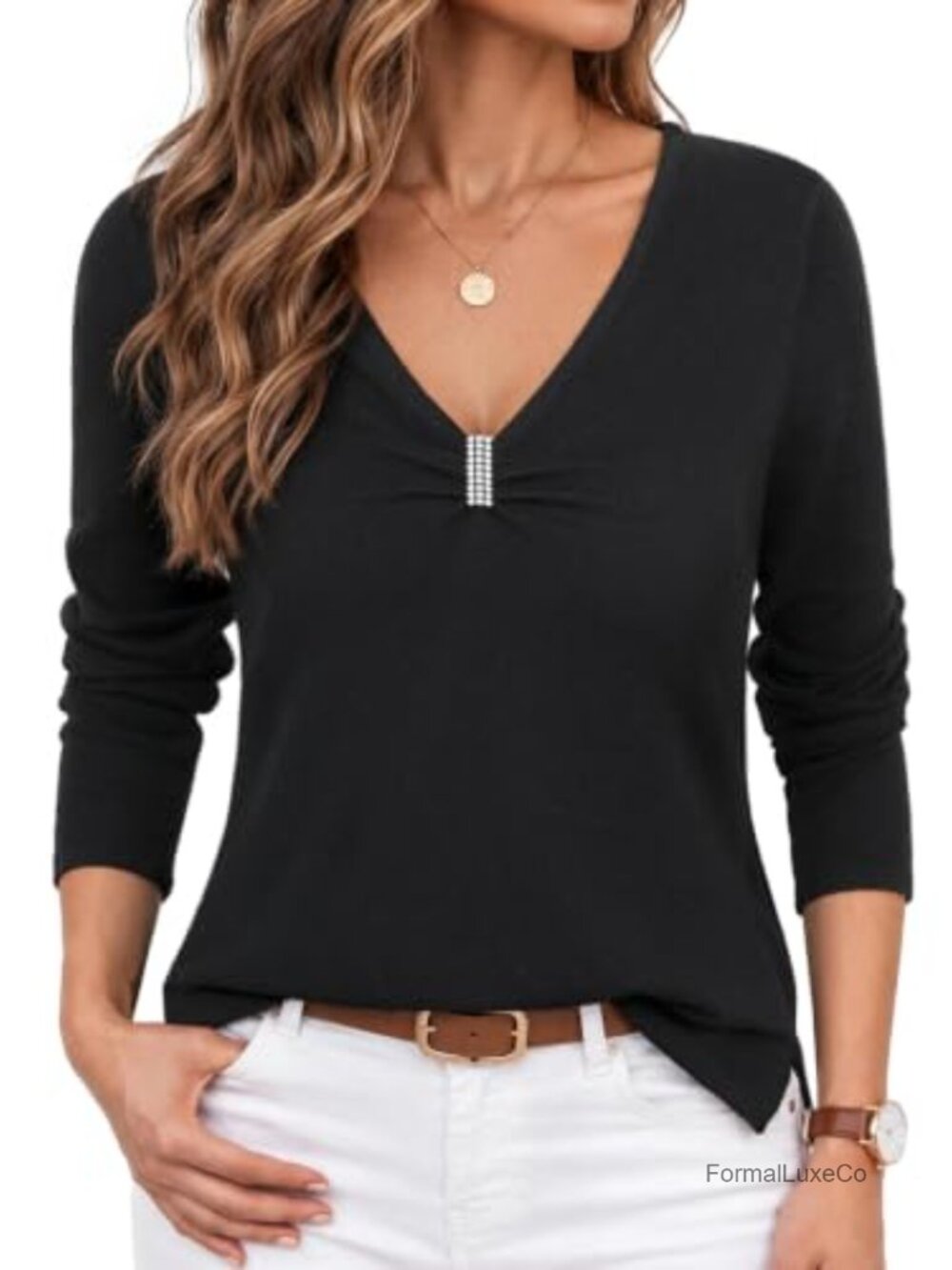 Womens Ruched V Neck Rhinestone Sweater Pullover Top